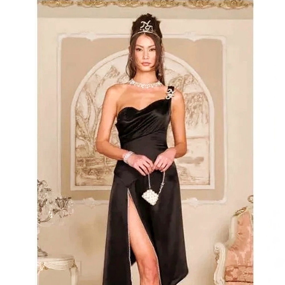 Nana Jacqueline x Revolve Satin Pearl Crystal Satin Asymmetrical Midi Dr…
